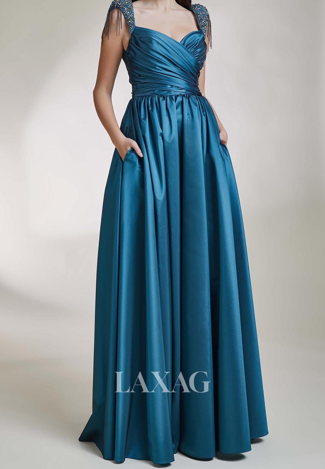 V-Neck Beaded-Straps Sleeveless Pleated Floor-Length Satin A-Line Formal Evening Dress