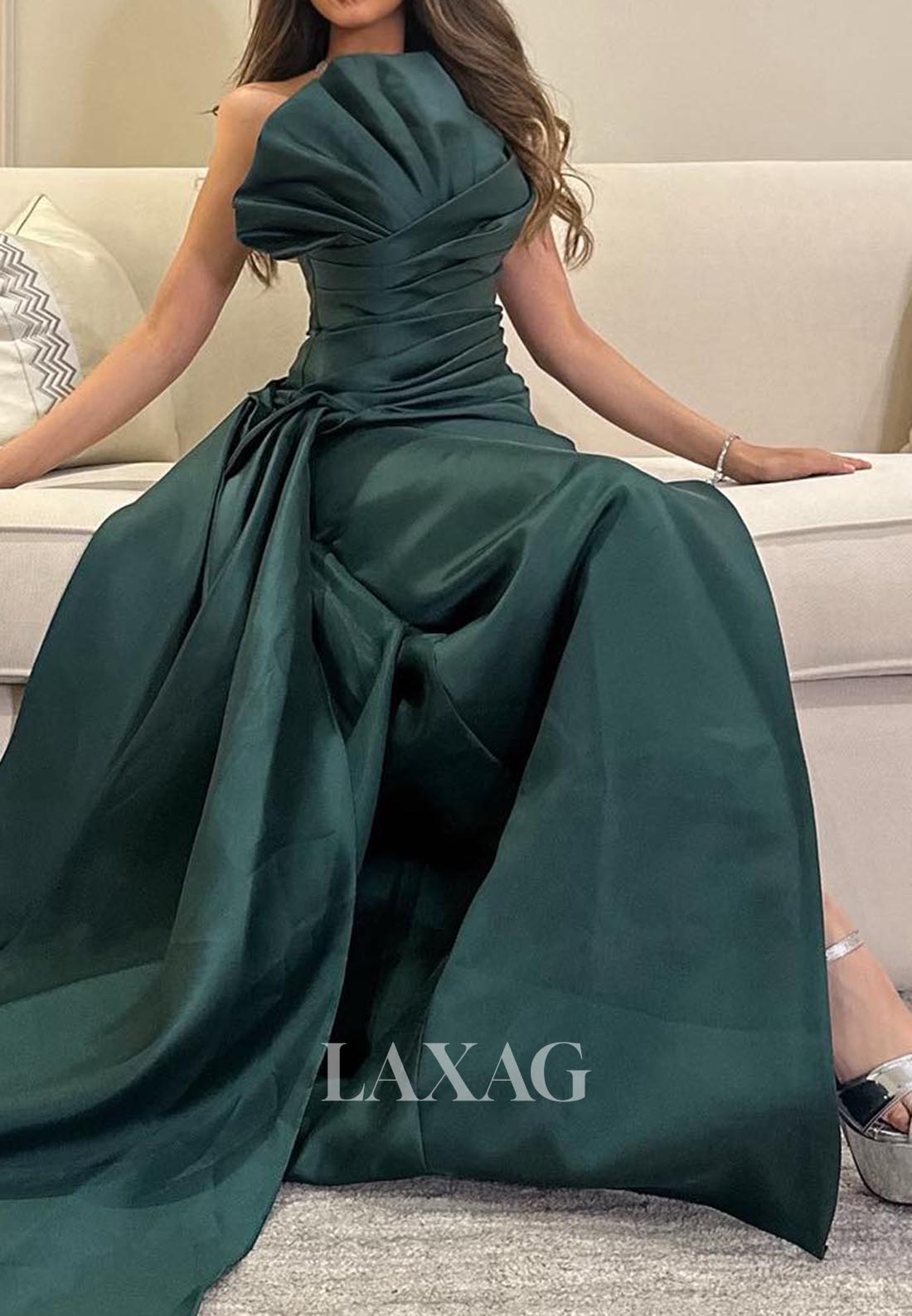 Asymmetrical-Neck Off-Shoulder Pleated Formal Gowns Sleeveless High Slit Satin Mermaid Evening Dress