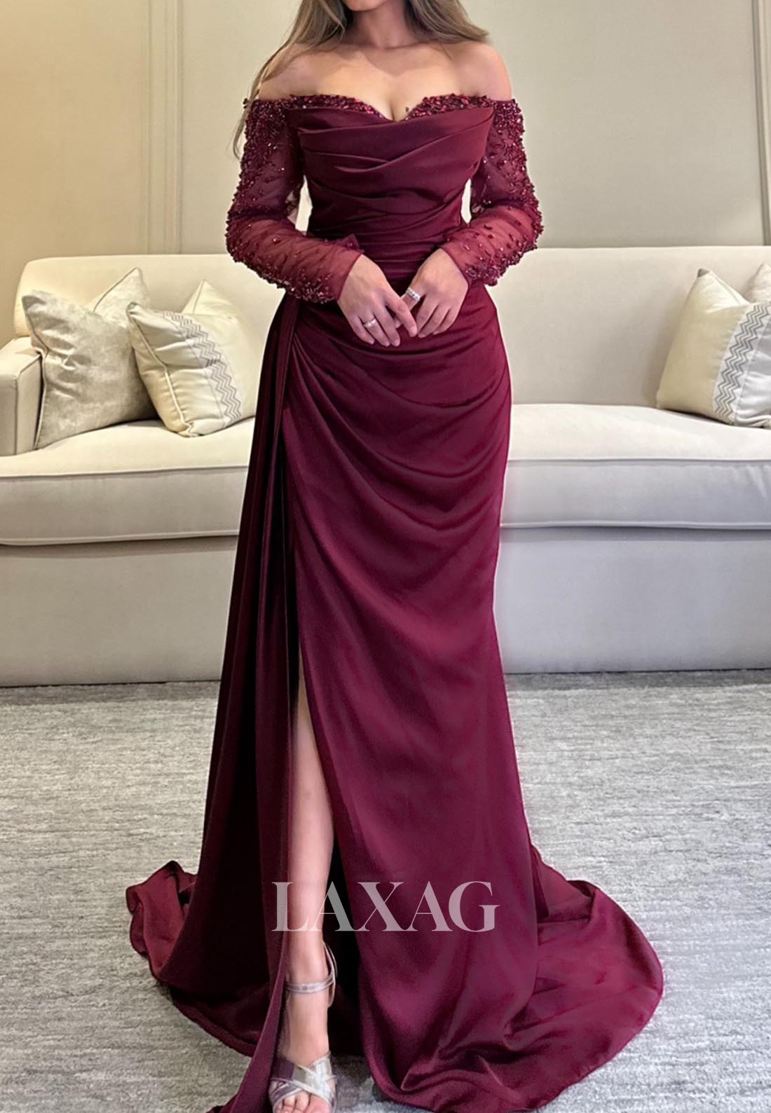Sweetheart Beaded Satin Mermaid Evening Dress Tulle-Long-Sleeves Pleated Slit Formal Gowns
