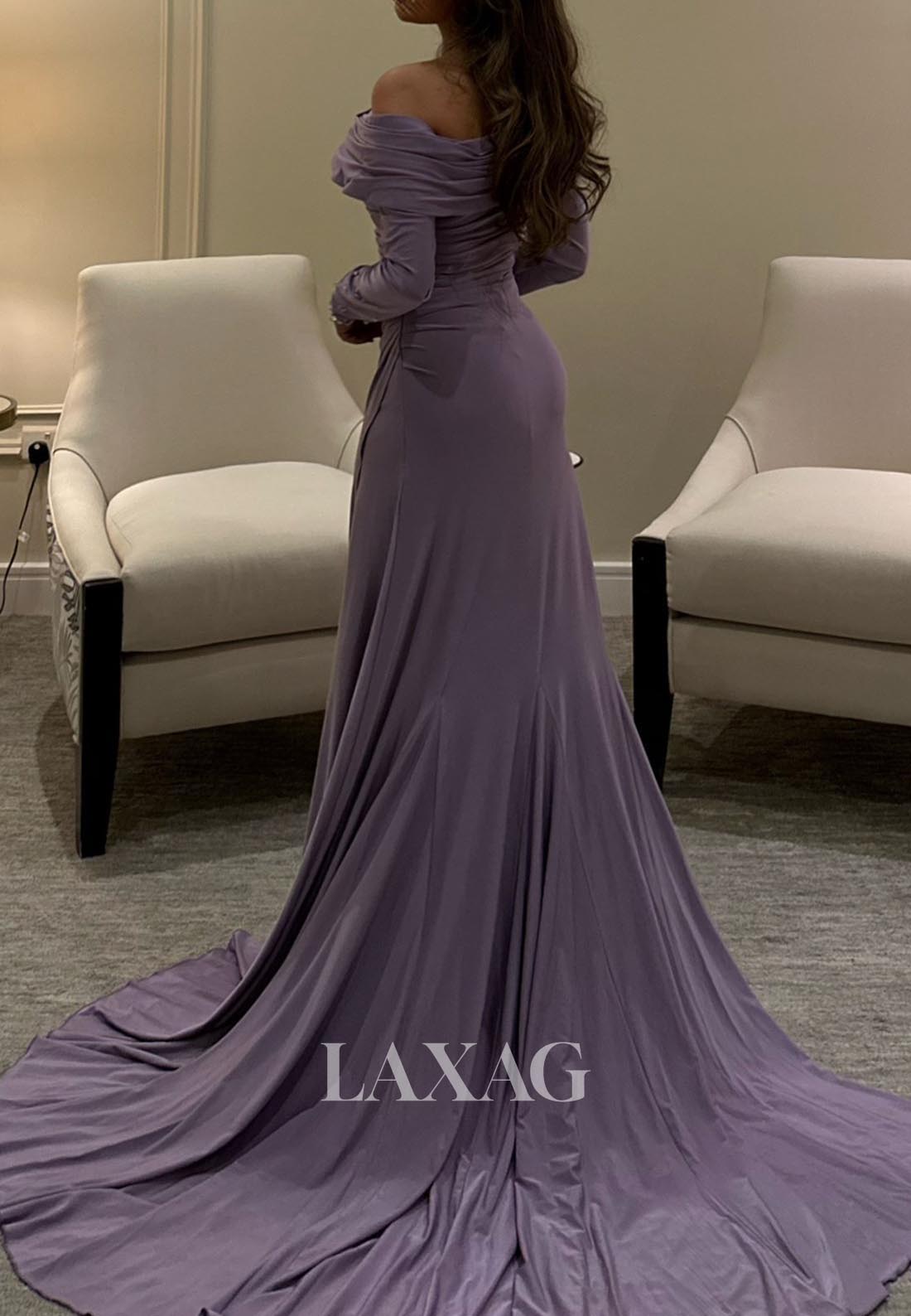 Asymmetrical-Neck Long-Sleeveless Beaded Formal Gowns Pleated Satin Mermaid Evening Dress