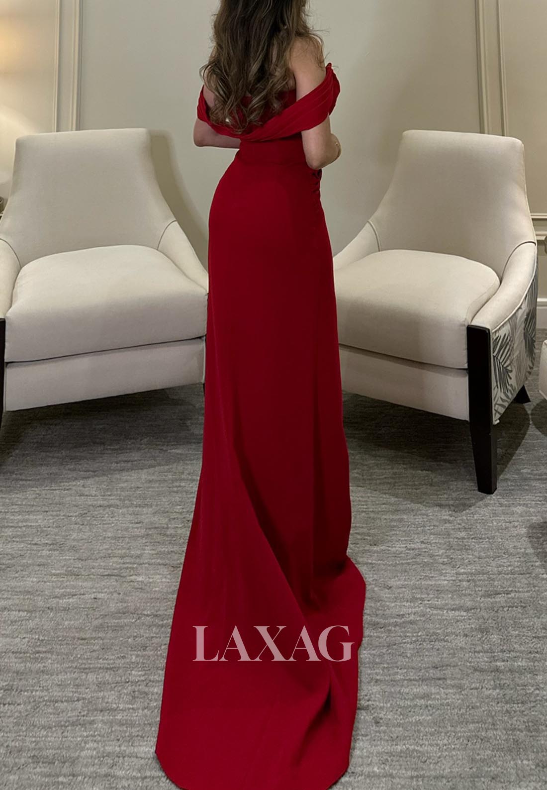 Scoop-Neck Sleeveless Off-Shoulder Pleated Satin Mermaid Evening Dress with Sweep Train