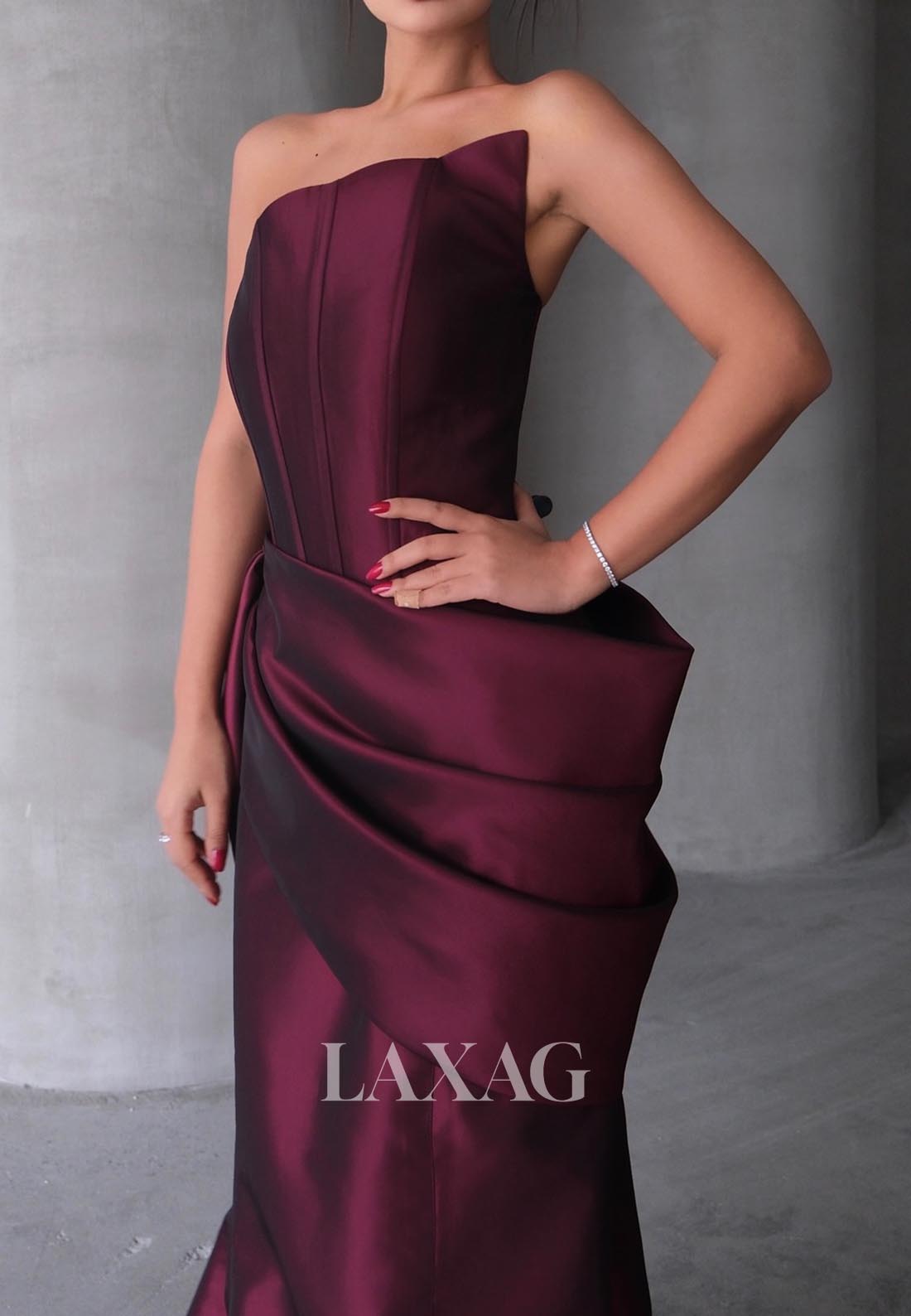 Asymmetrical-Neck Sleeveless Mermaid Evening Dress Off-Shoulder Pleated Satin Formal Gowns