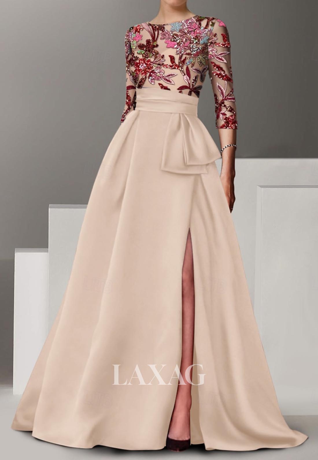 Half-Sleeves Floor-Length Formal Gowns Scoop-Neck Floral Embroidered Sequined A-Line Evening Dress