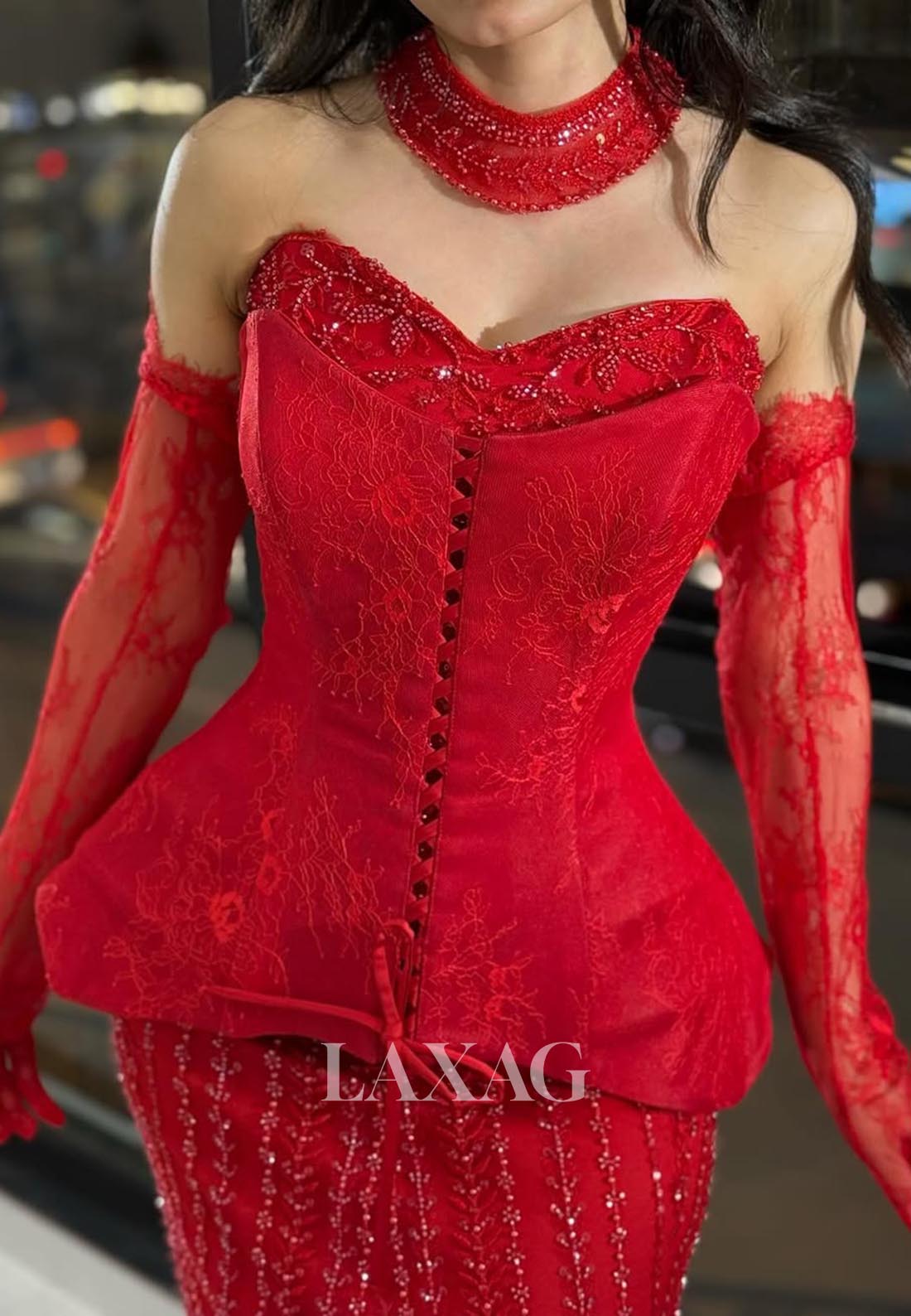 Sweetheart Sleeveless Mermaid Prom Dress Off-Shoulder Fully Beaded Evening Gowns with Gloves