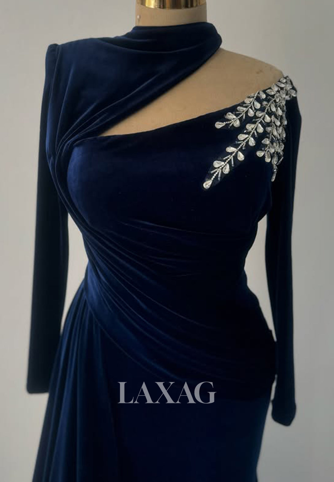 Asymmetrical High-Neck Long Sleeves Party Gowns Beaded Pleated Satin Fitted Prom Dress with Sweep Train
