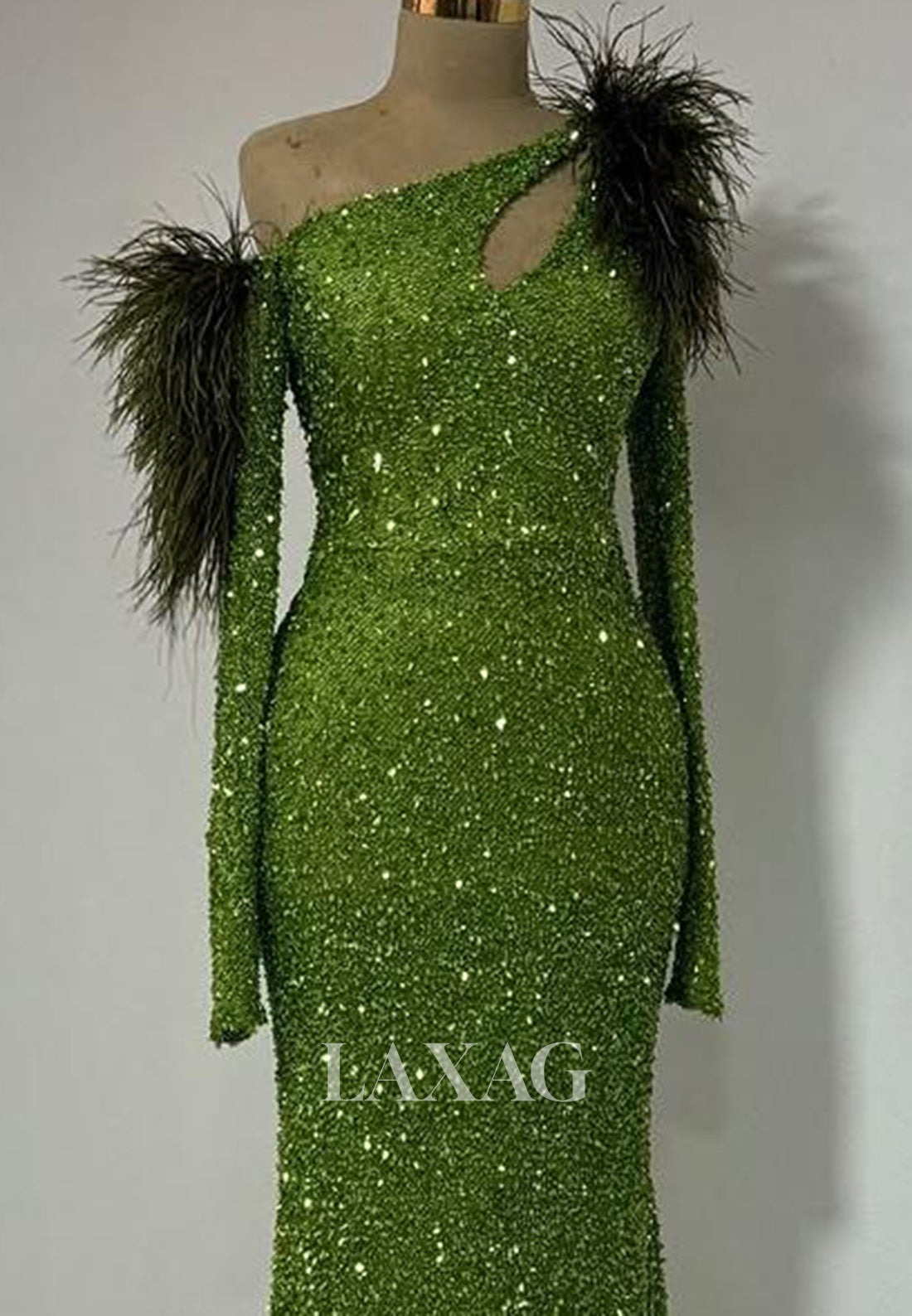 Long Sleeves Asymmetrical-Neck Mermaid Prom Dress Fringed Fully Sequined Pleated Evening Gowns