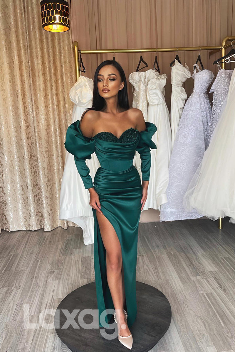 16735 - Emerald Green Sequins Sweetheart Sleeves Formal Dress with Sli Laxag 16735 - Emerald Green Sequins Sweetheart Sleeves Formal Dress with Sli Laxag