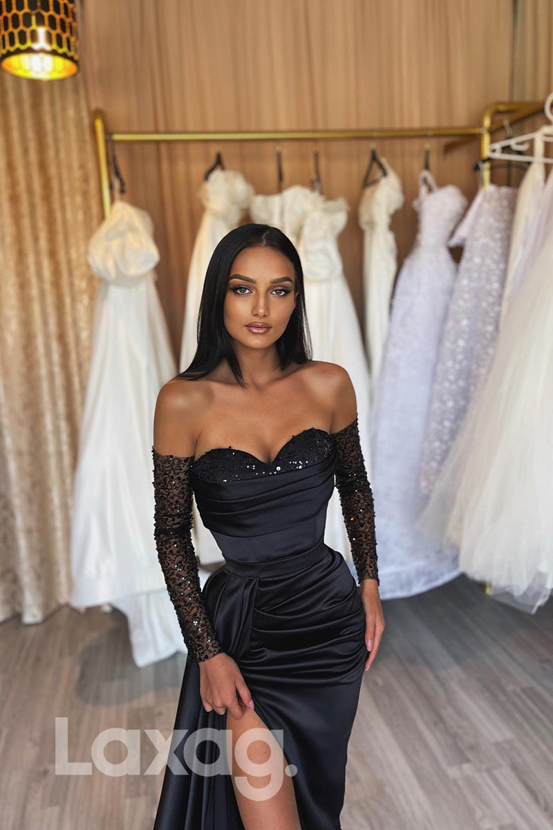 16750 - Sequins Sweetheart Long Sleeves Black Prom Dress