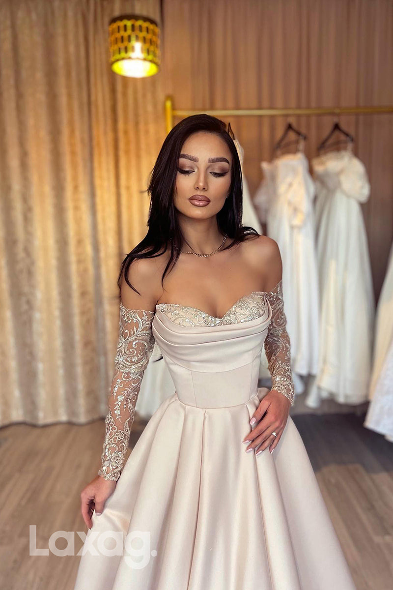 18729 - Off-Shoulder Lace Beaded Ruched Long Prom Evening Dress