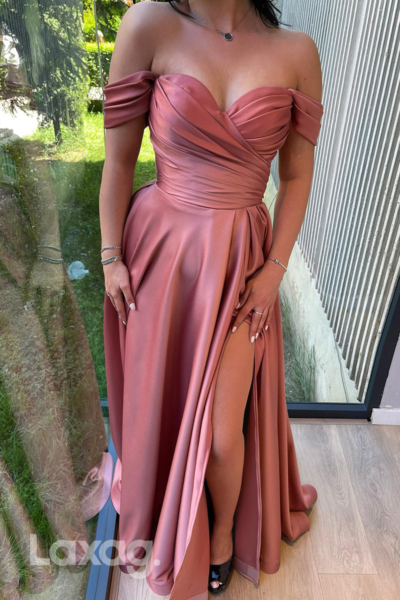 18765 - Off-Shoulder Sleeveless Ruched Prom Evening Dress with Slit