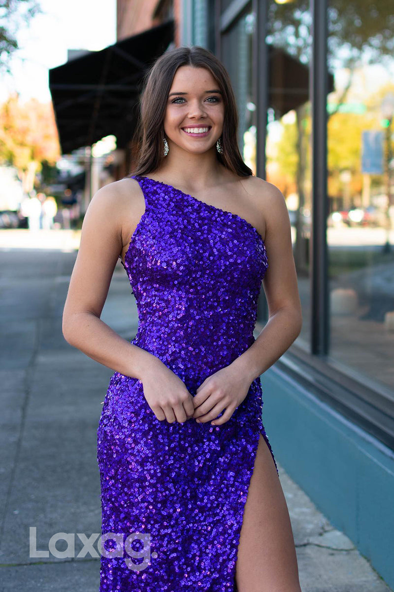 19700 - One Shoulder Sequined Thigh Slit Long Prom Dress