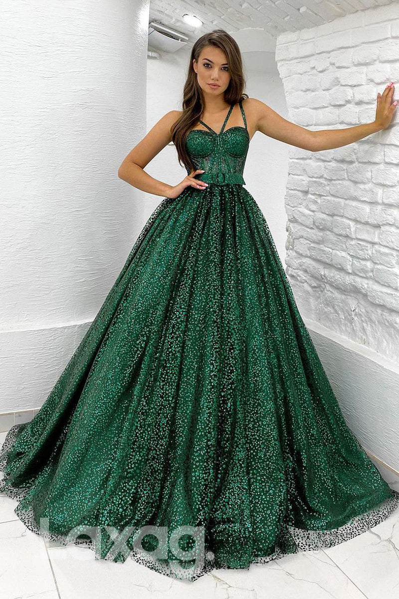 19711 - Women's Spaghetti Straps Green Long Prom Ball Gown Glitter|LAXAG