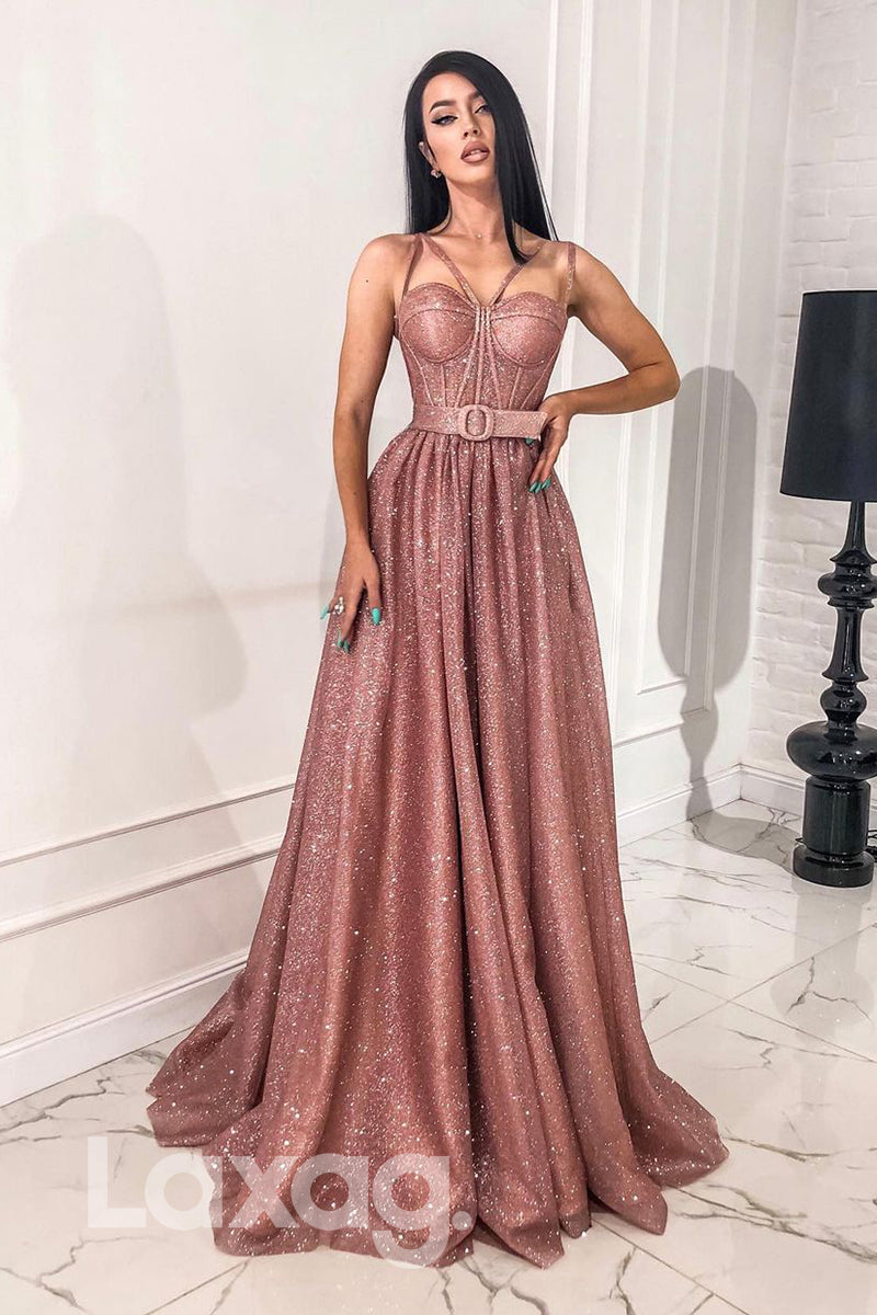 19714 - Spaghetti Straps A-line Sparkly Prom Dress with Pockets|LAXAG