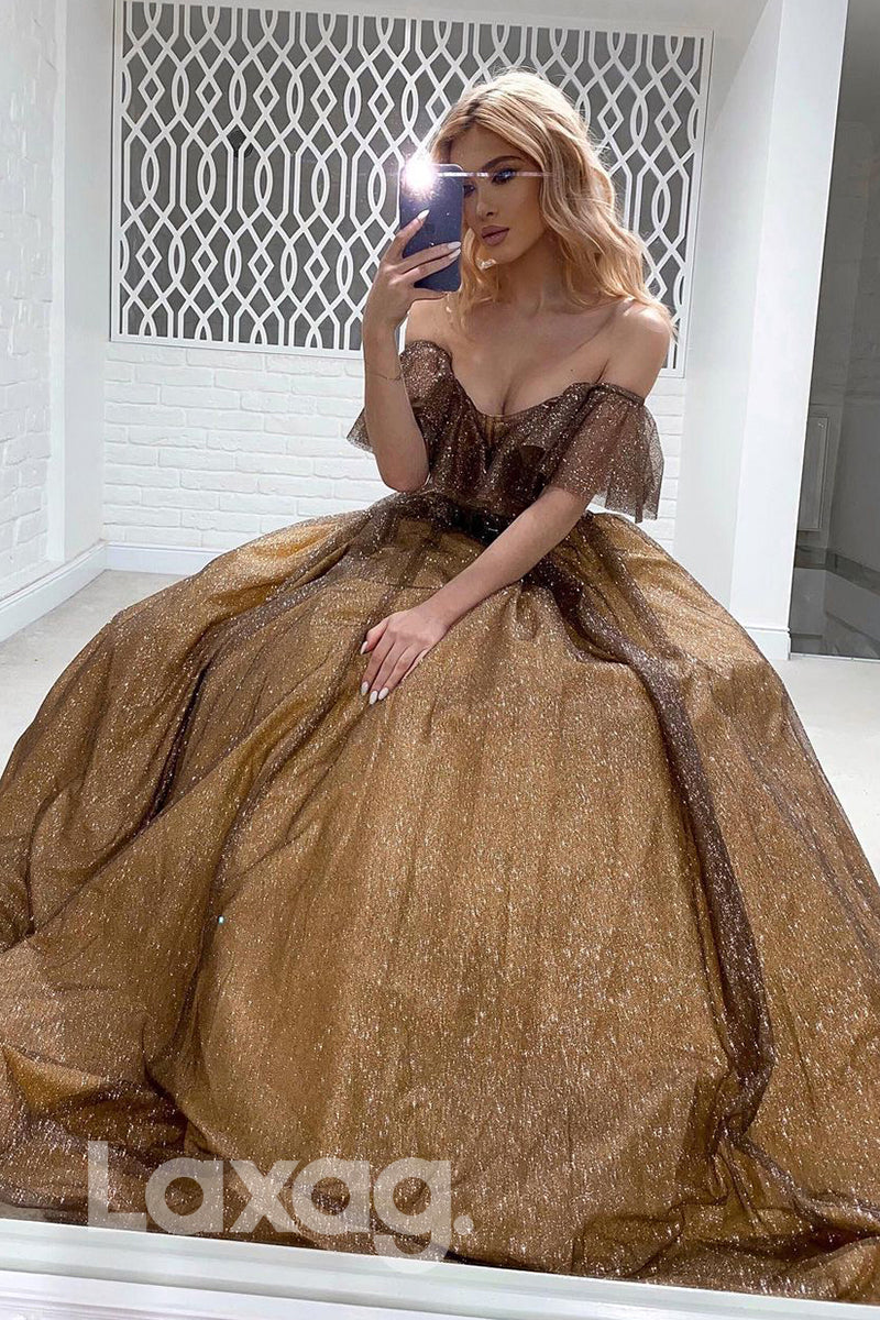 19716 - Off the Shoulder Ruffles Long Sparkly Prom Dress|LAXAG