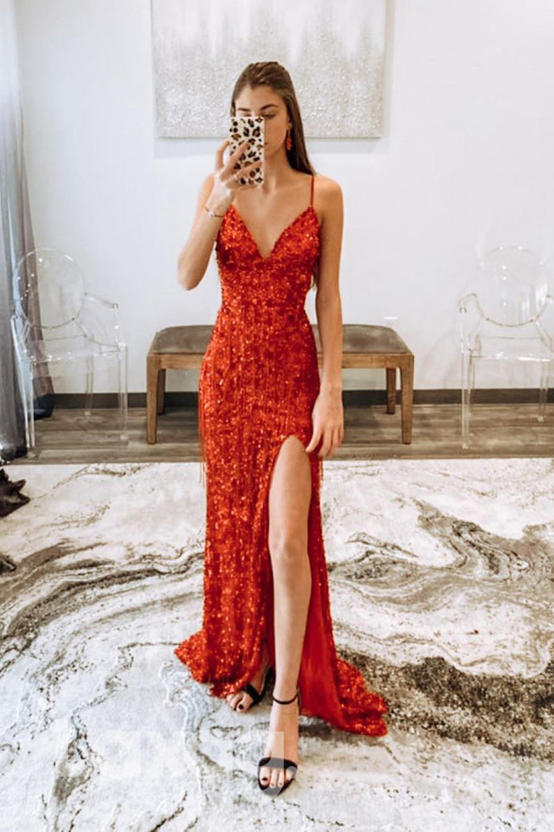 19723 - Women's Spaghetti Straps Sequins High Split Prom Dress Glitter|LAXAG