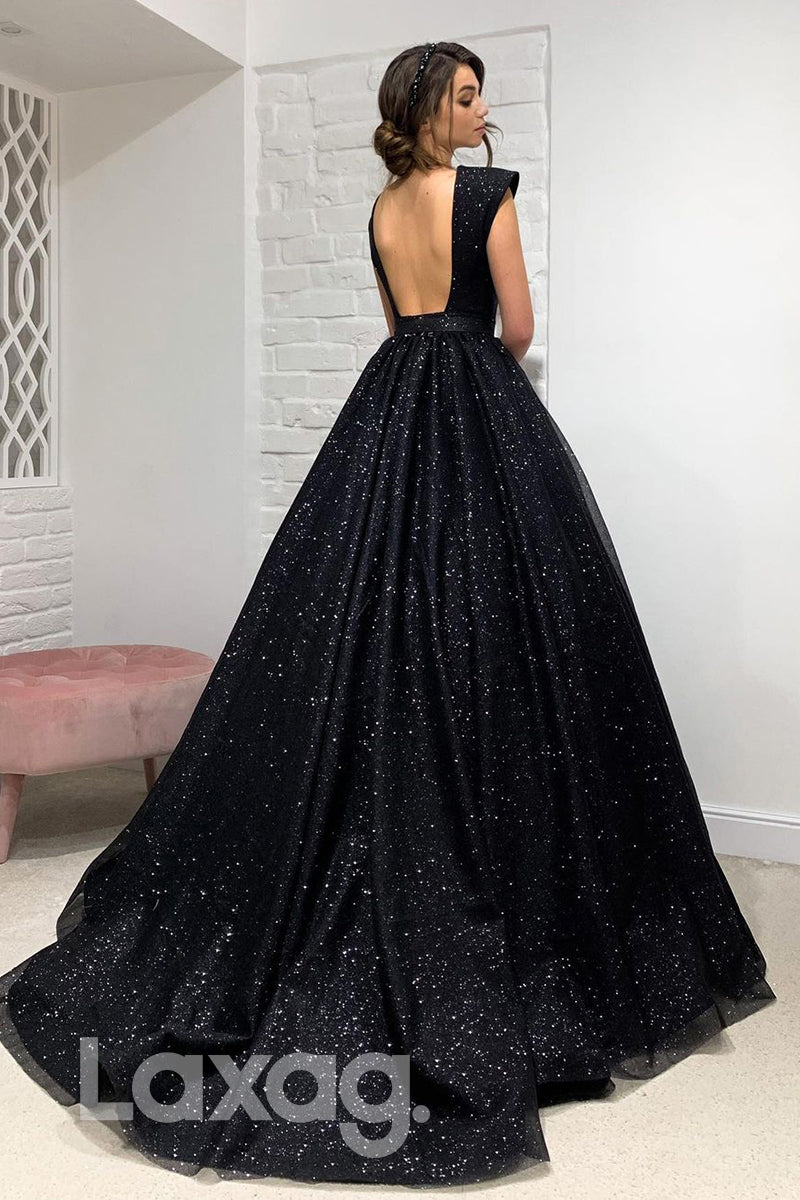 19736 - Attractive V-Neck Black Sparkly Prom Dress|LAXAG