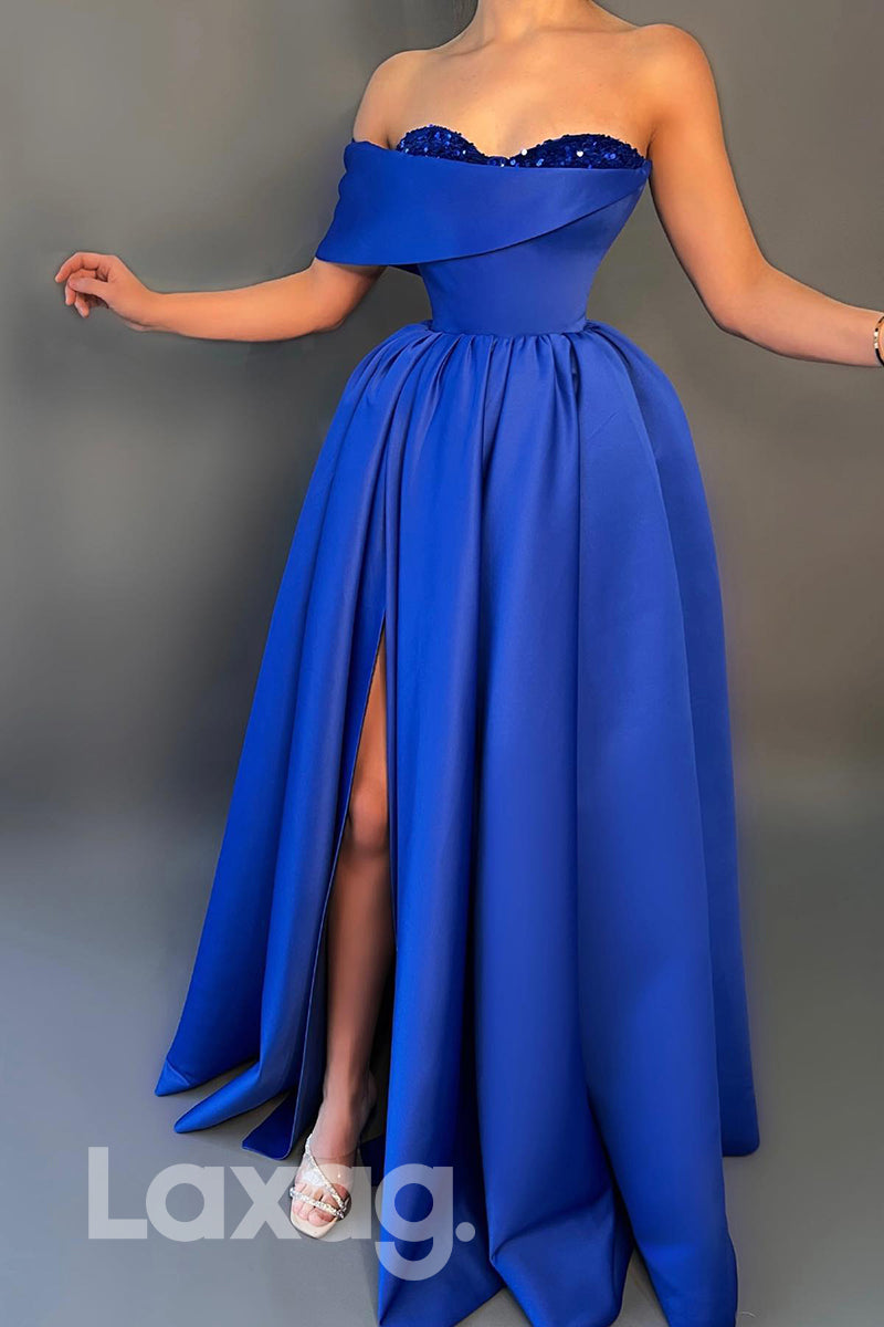 19767 - Royal Blue Thigh Slit Long Formal Evening Dress