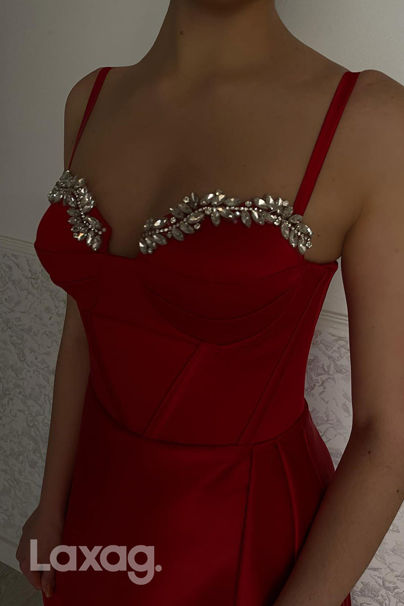 19769 - Spaghetti Straps Beaded Pleated Long Evening Dress With Slit