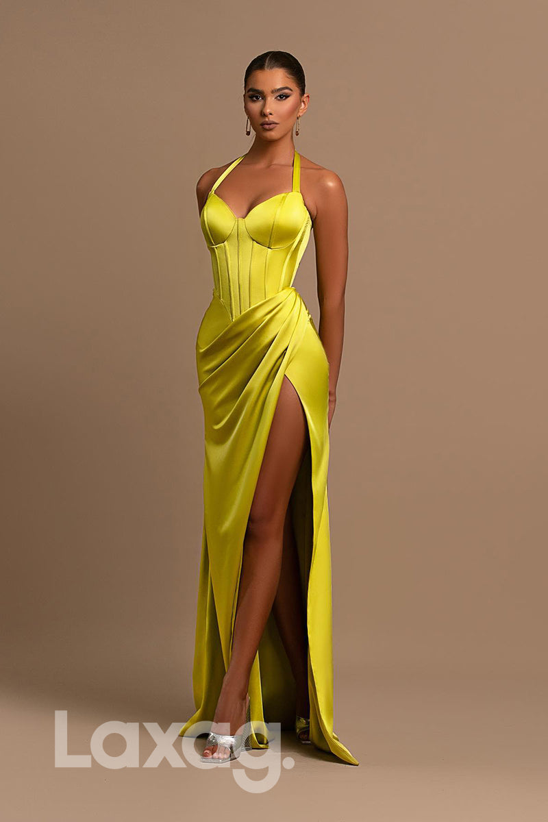 20795 - Halter Thigh Slit Bone Bodice Pleats Long Prom Dress