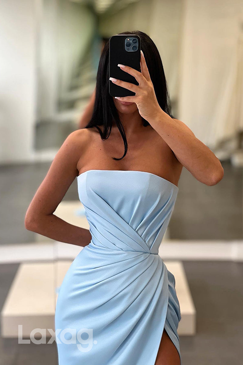 21716 - Strapless Pleated Thigh Slit Long Prom Evening Dress