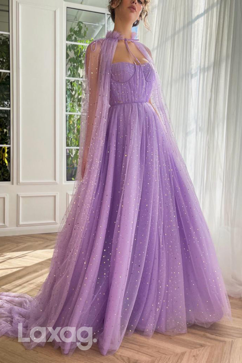 21779 - Spaghetti Straps Tulle Long Prom Dress With Gloves And Cloak