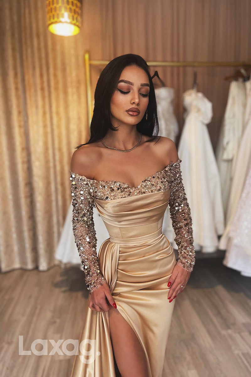 21782 - Off-Shoulder Sequined Long Sleeves Slit Prom Evening Dress