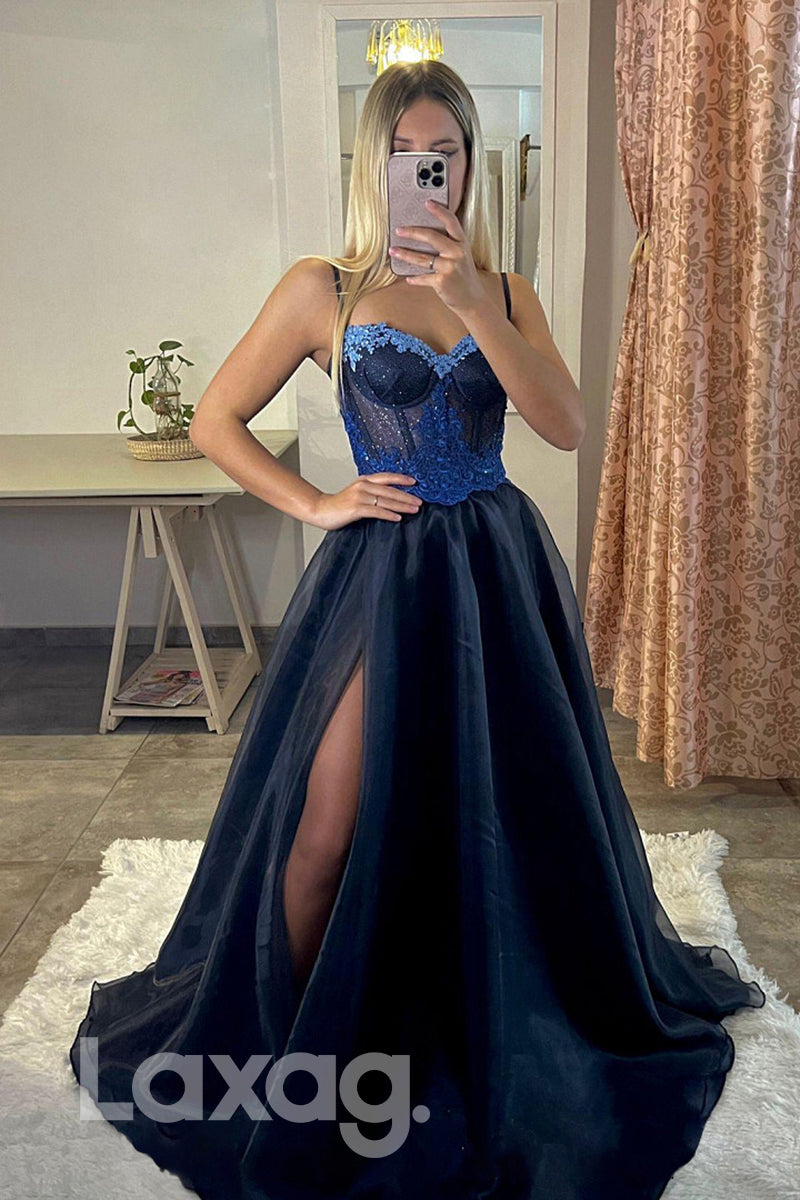 21804 - Spaghetti Thigh Slit Lace Appliques Glitter Navy Blue Prom Dre Laxag 21804 - Spaghetti Thigh Slit Lace Appliques Glitter Navy Blue Prom Dre Laxag