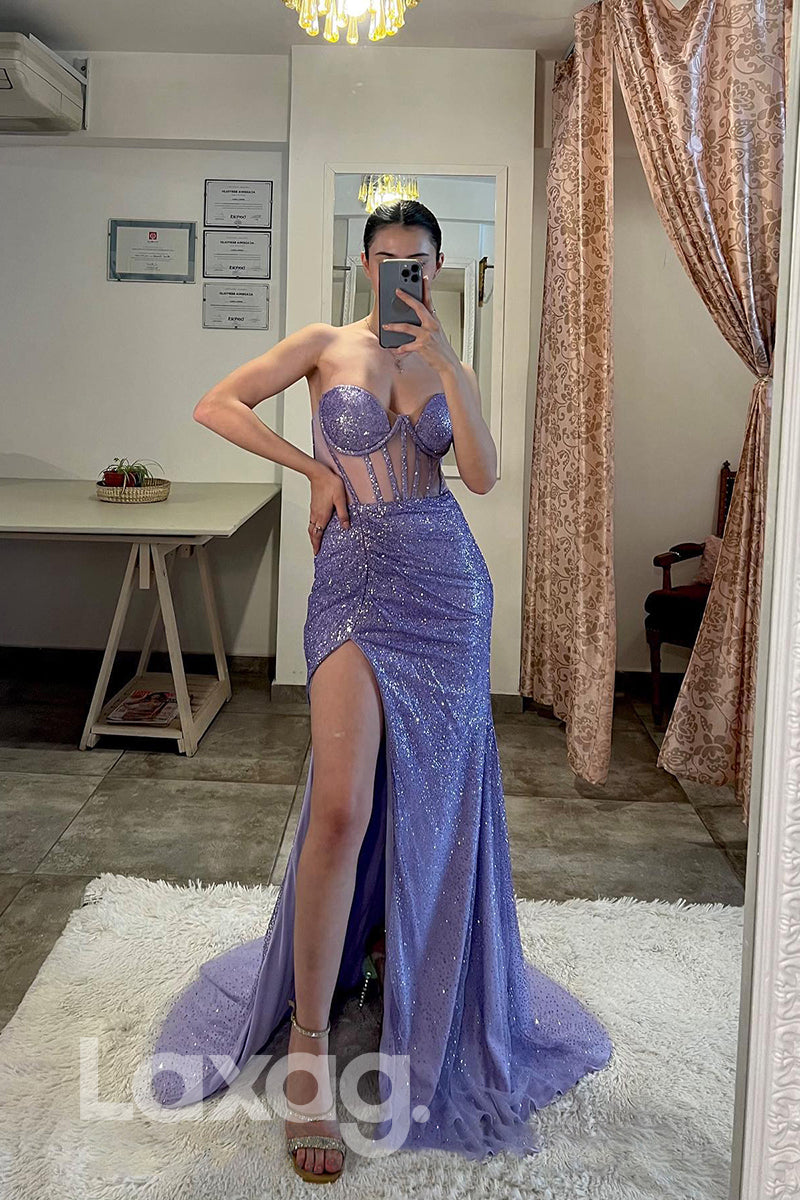 21812 - Sweetheart Sequins Thigh Slit Purple Prom Dress Laxag 21812 - Sweetheart Sequins Thigh Slit Purple Prom Dress Laxag