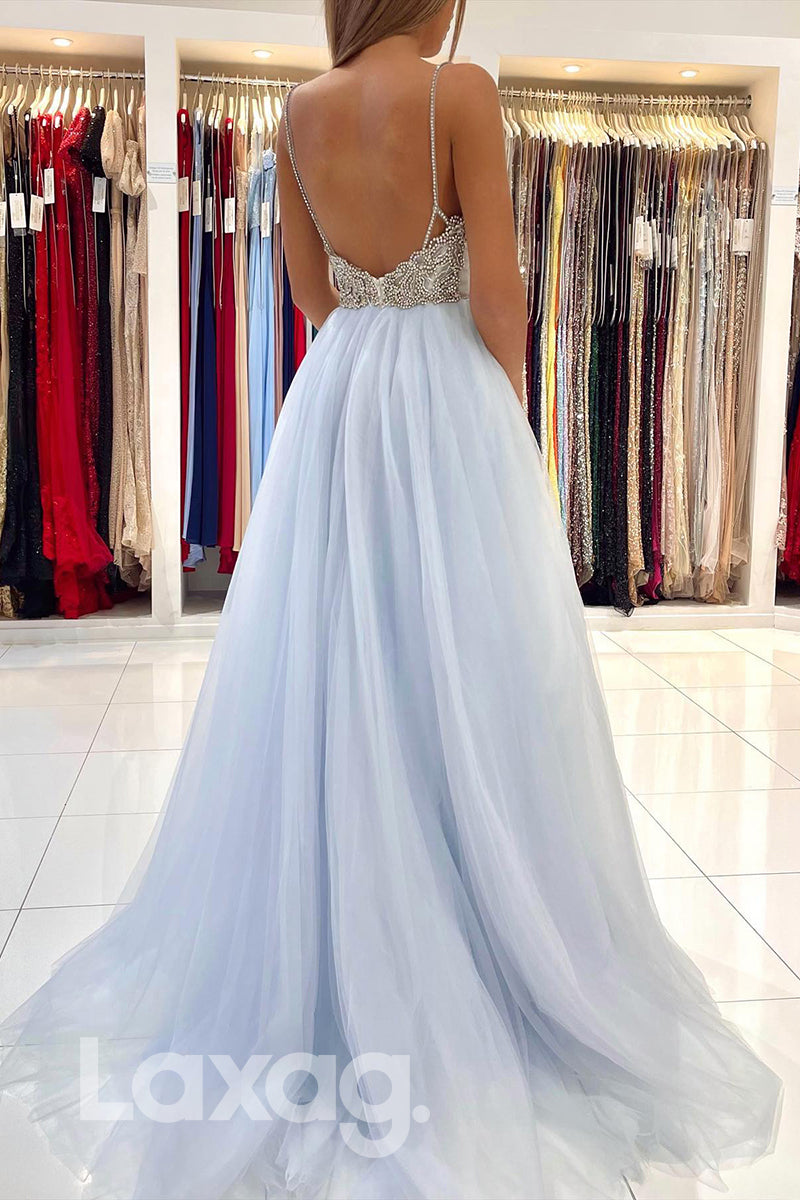21820 - Spaghetti Light Blue Beaded Prom Evening Dress
