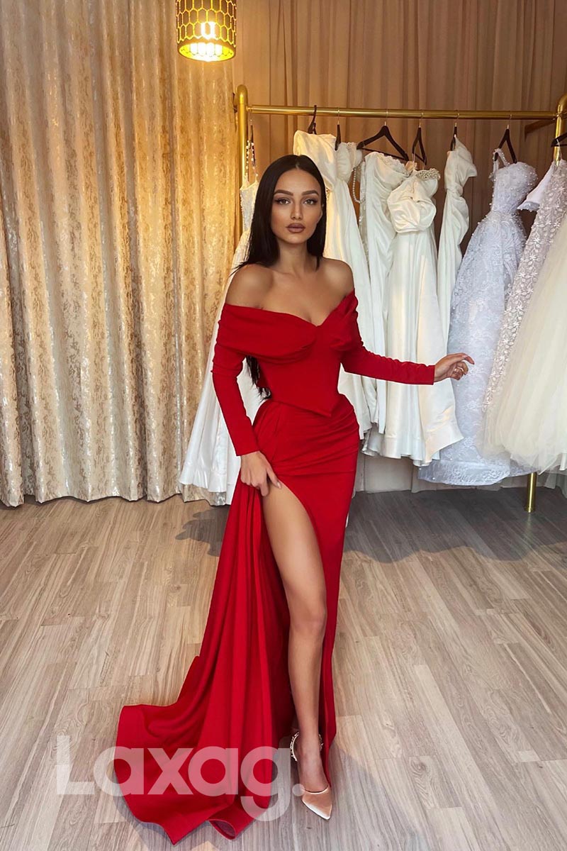 21848 Off Shoulder Thigh Slit Long Sleeves Red Prom Evening Dress