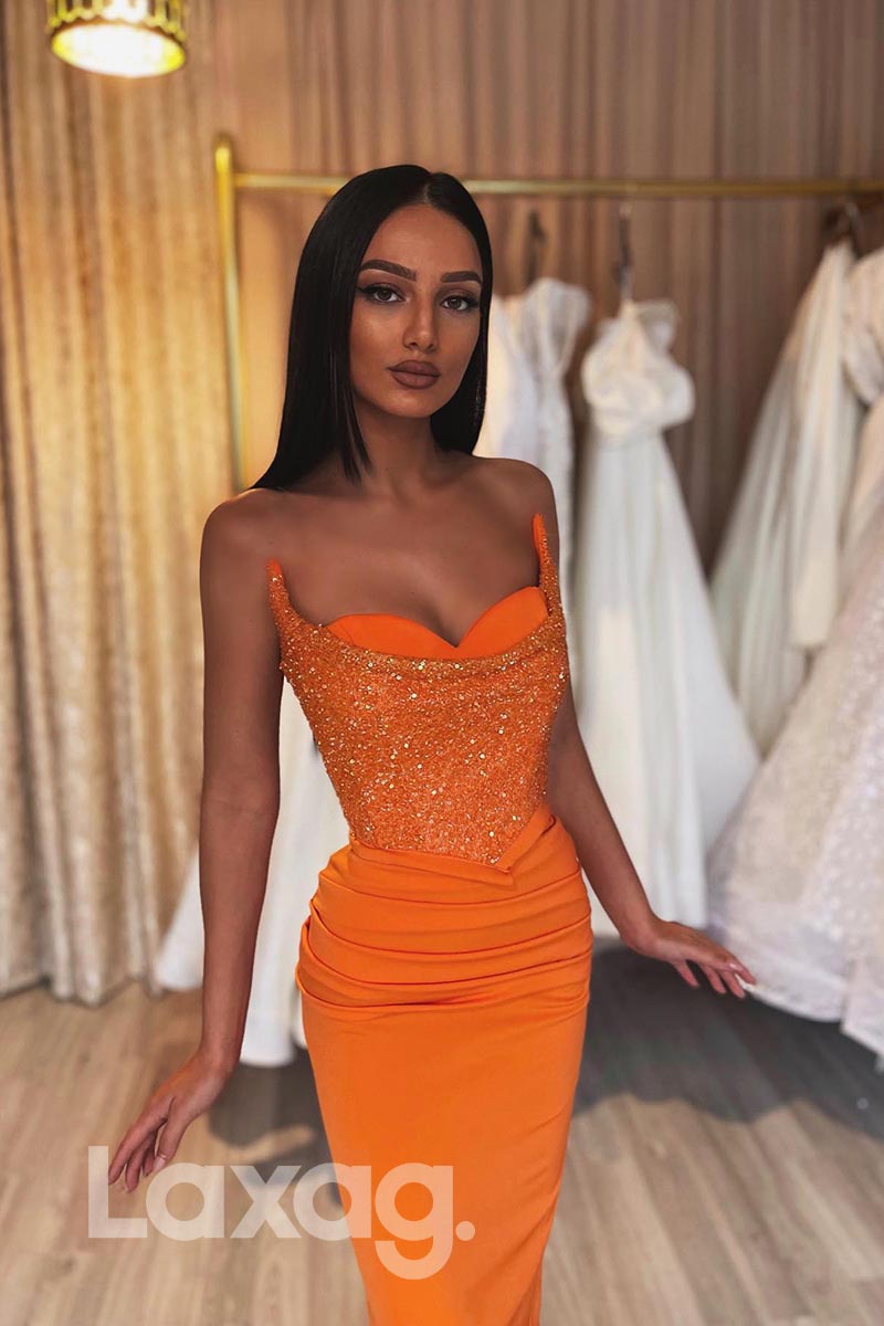 21863 - Strapless Orange Sequins Top Satin Prom Evening Dress
