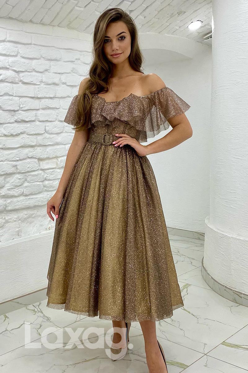 21883 Off Shoulder Glitter A Line Tea Length Prom Evening Dress