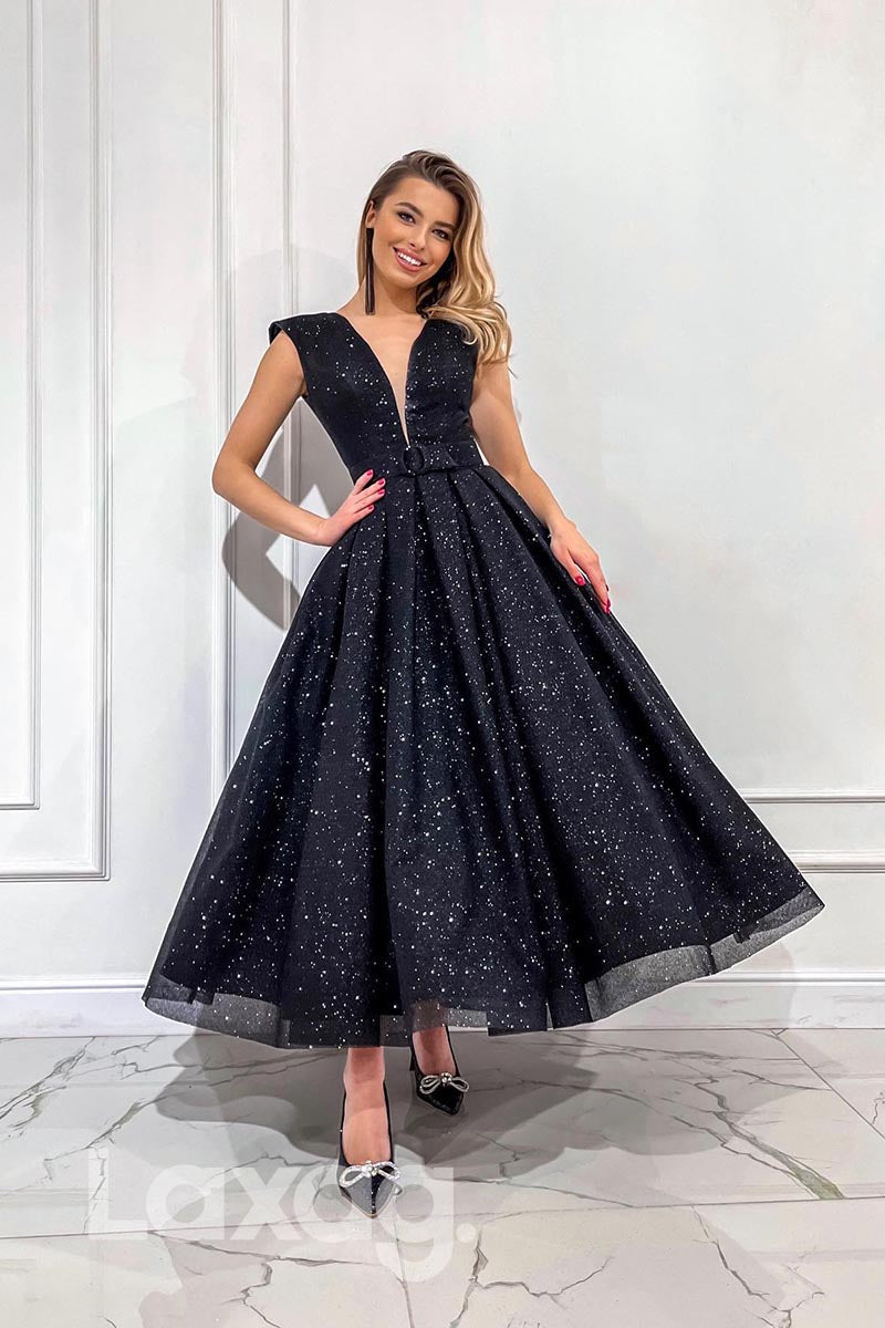 21885 - Glitter V Neck Backless Ankle Length Prom Evening Dress