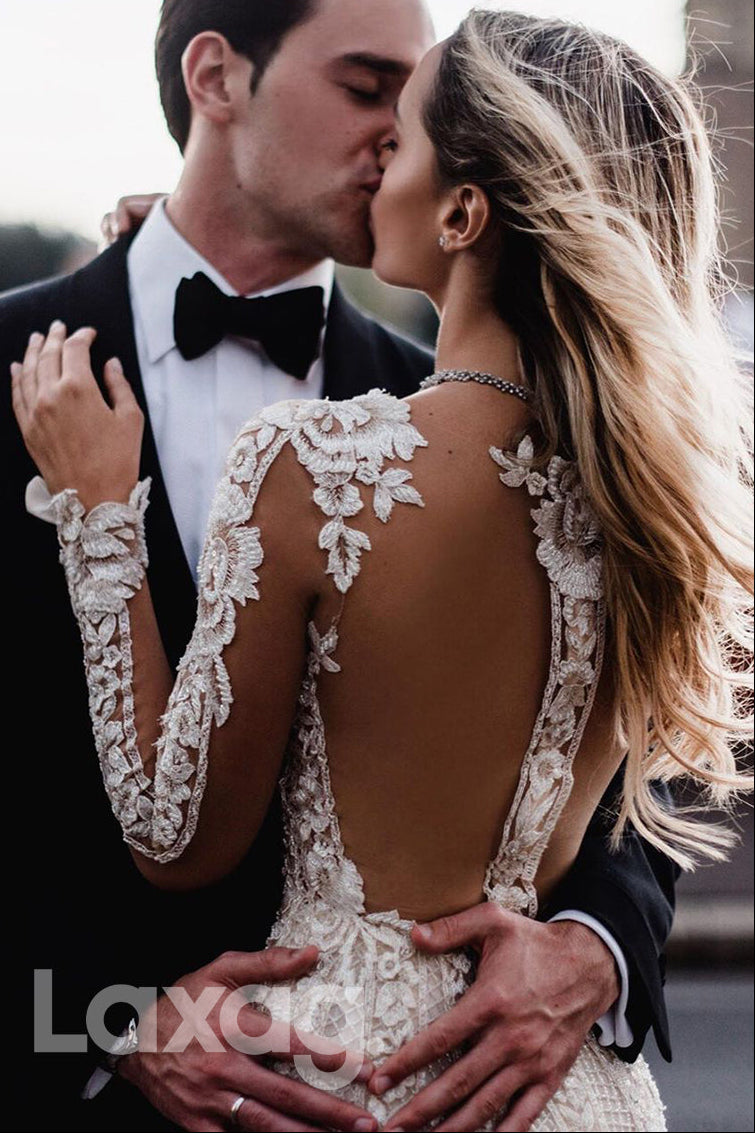 Deep V-Neck Long-Sleeves Applique Allover Lace Tulle Floor-Length Mermaid Beach Wedding Dress