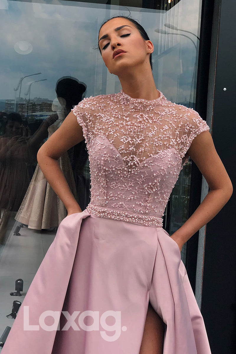 13700 - Illusion Cutout Beaded Tulle Dress With Leg Slit - Laxag