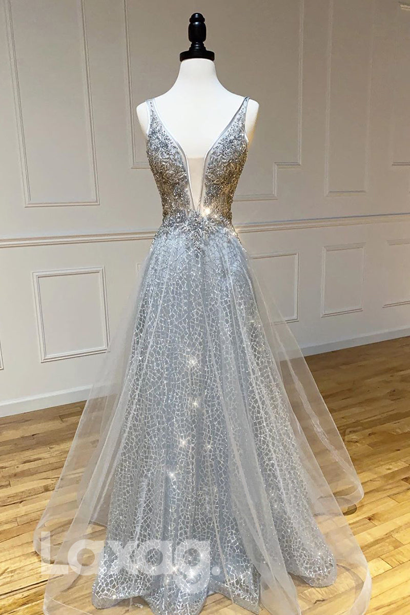 15784 - Deep V-neck Beads Silver Prom Dress Glitter Laxag 15784 - Deep V-neck Beads Silver Prom Dress Glitter Laxag