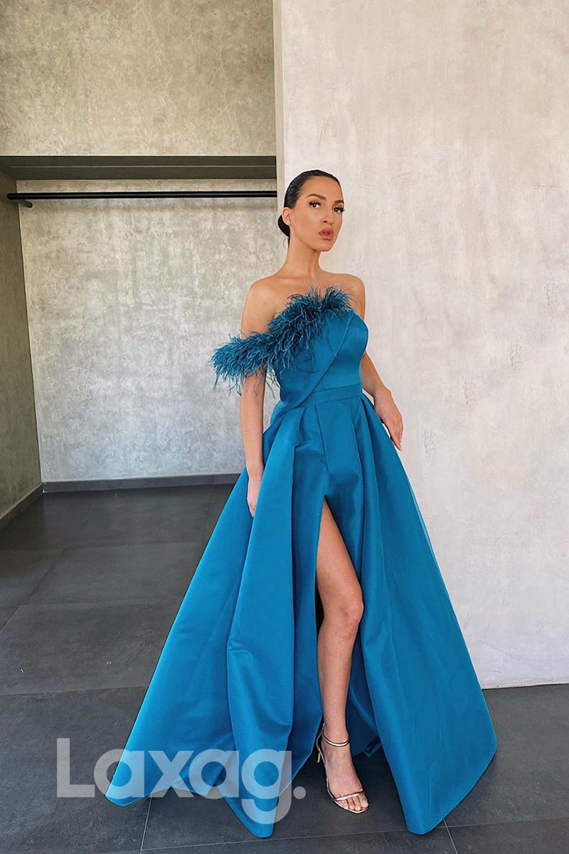 16704 - Chic Feathers Blue Satin High Split Formal Dress|LAXAG