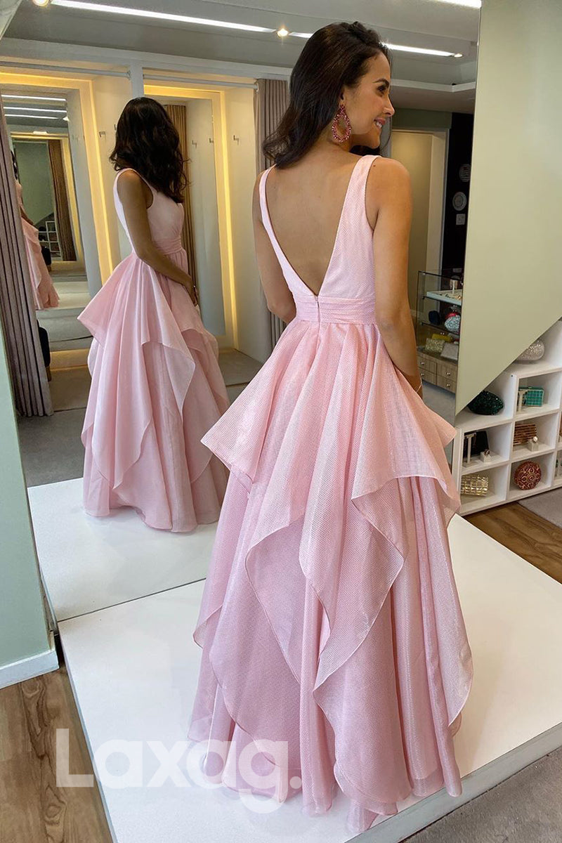 16714 - Plunging V-neck Pink Dress Formal Gown|LAXAG