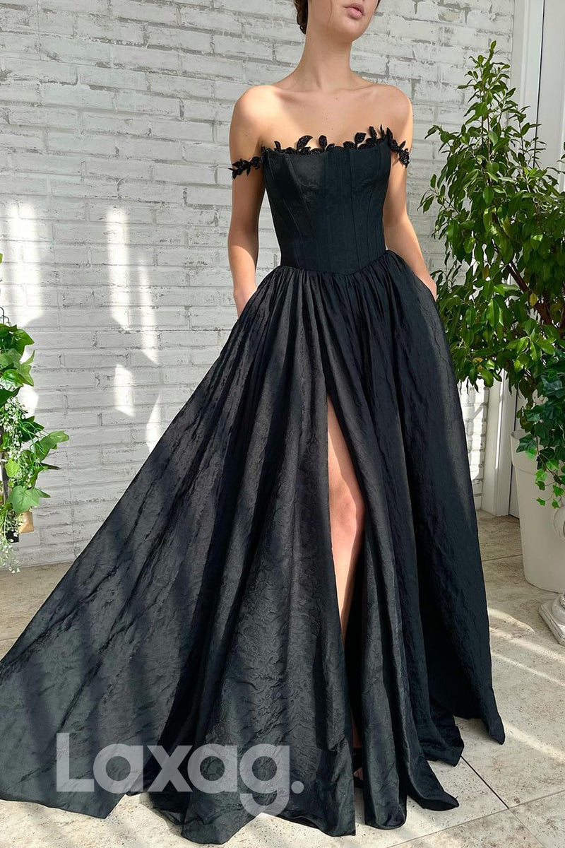 18740 - Off Shoulder Black Lace Prom Formal Evening Dress with Pockets 18740 - Off Shoulder Black Lace Prom Formal Evening Dress with Pockets