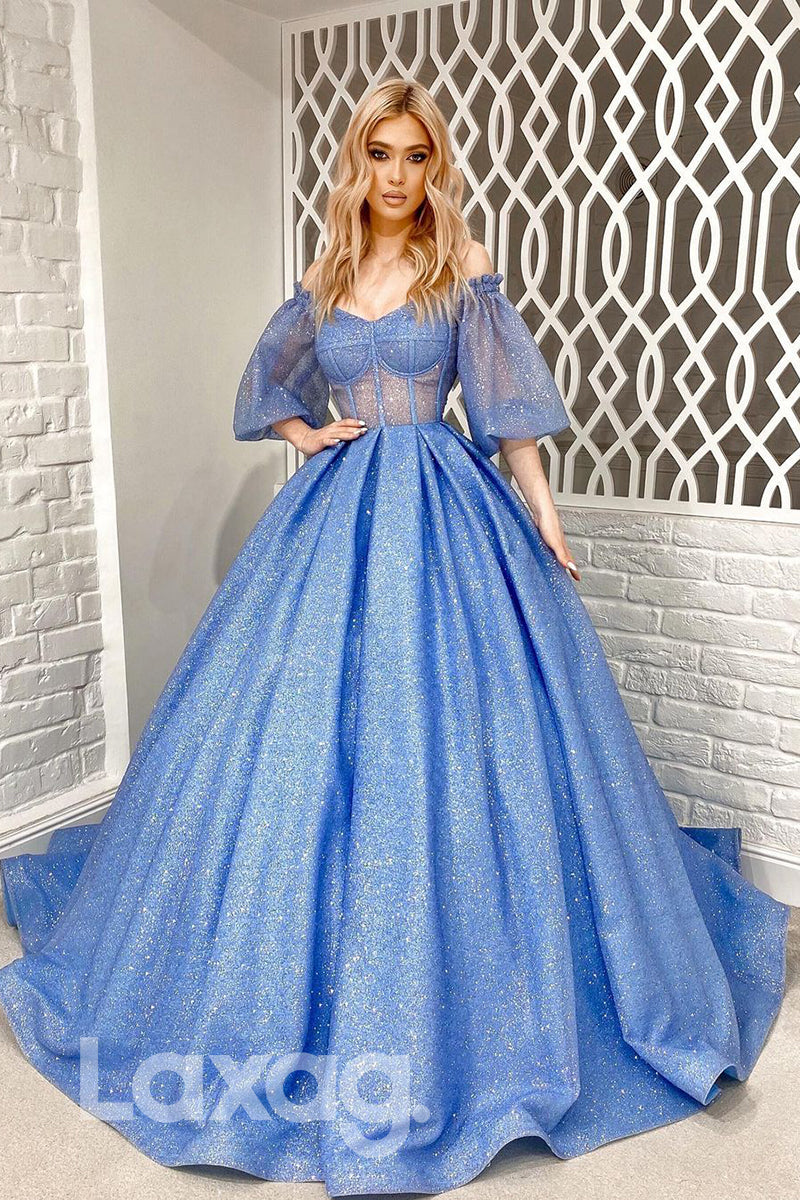 18795 - Off Shoulder Ball Gown Half Sleeves Sparkly Prom Dresses with Laxag 18795 - Off Shoulder Ball Gown Half Sleeves Sparkly Prom Dresses with Laxag