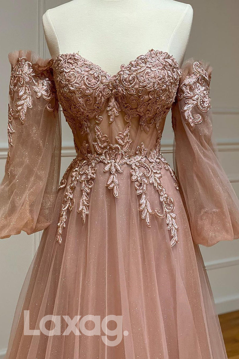 19705 - A-line Sweetheart Lace Appliques Long Sleeves Prom Dresses|LAXAG