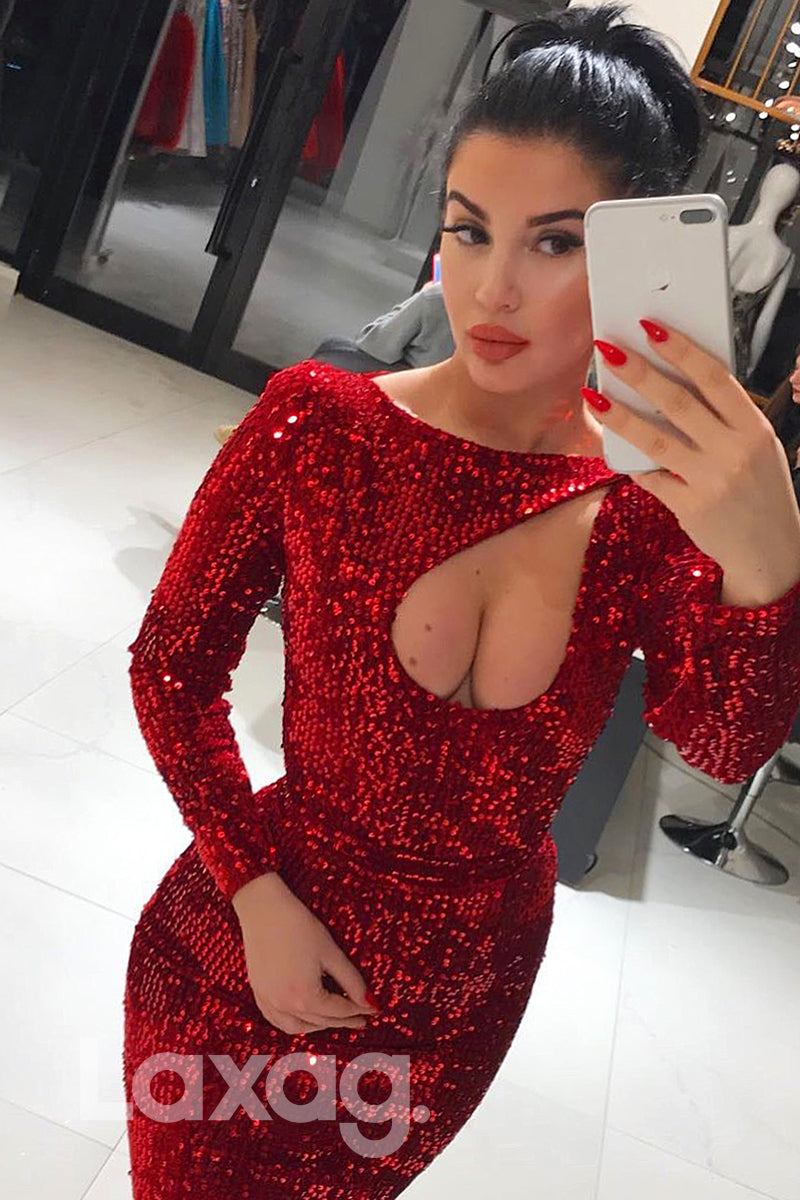 16747 - Bateau Burgundy Sequins Long Sleeves Mermaid Formal Dress|LAXAG