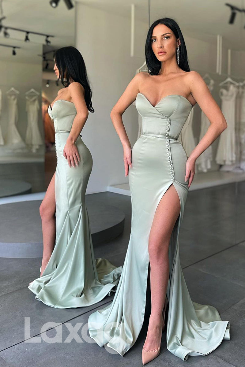 16819 - Sexy V-neck Elastic Satin Split Mermaid Prom Dress|LAXAG