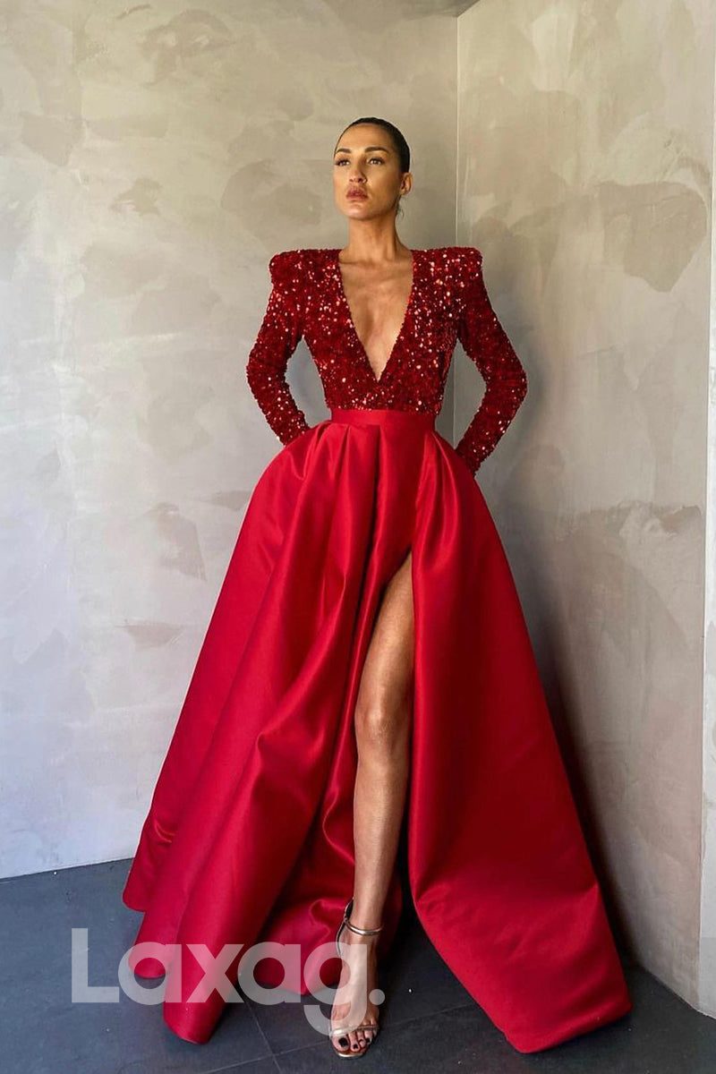 17720 - Plunging V-neck Sequins A-line Split Prom Dress with Pockets