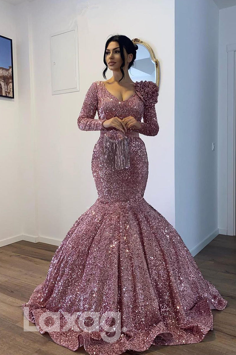 17765 - Sexy V-neck 3D Appliques Long Sleeves Mermaid Formal Evening Dress