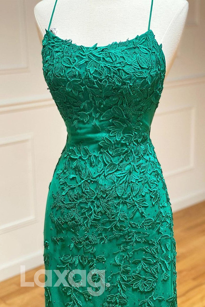 17771 - Spaghetti Straps Tulle Appliques Sheath Prom Dress|LAXAG