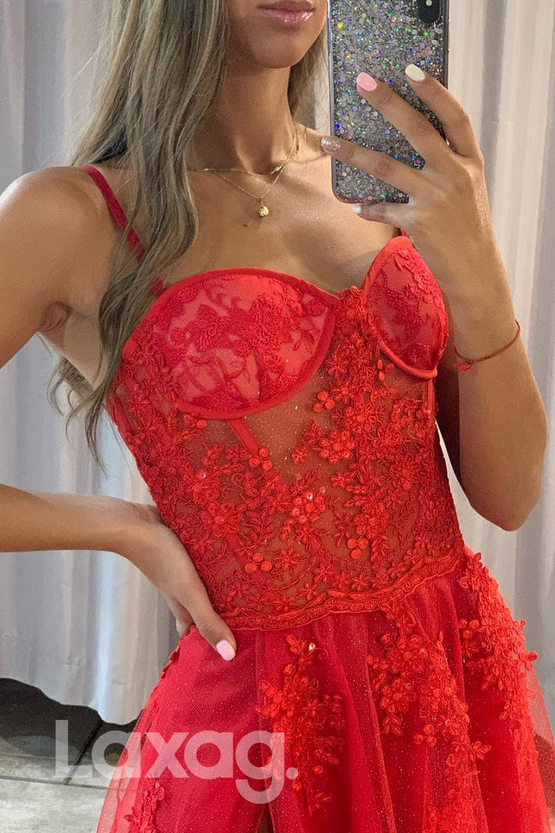 17780 - Women's Spaghetti Straps Lace Applique Long Prom Dress with Slit|LAXAG