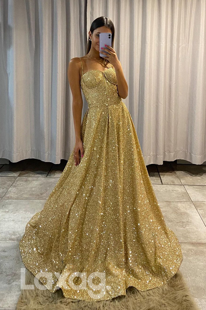 17784 - Spaghetti Straps Sweetheart Gold Sparkly Prom Dress with Pocke Laxag 17784 - Spaghetti Straps Sweetheart Gold Sparkly Prom Dress with Pocke Laxag