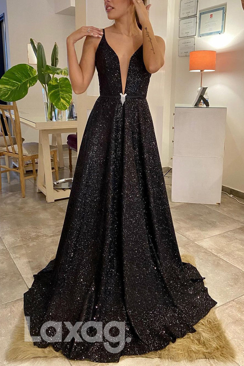 17796 - Plunging V-neck Black Sequin Sparkly Prom Dress Laxag 17796 - Plunging V-neck Black Sequin Sparkly Prom Dress Laxag