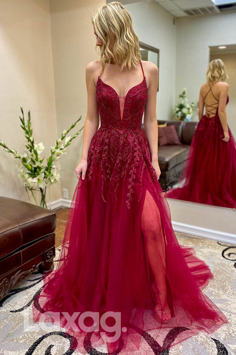 14790 - Plunging Illusion Straps Tiered A-Line Gown With Corset - Laxag